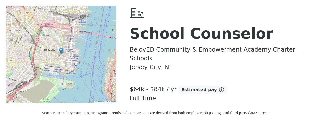 BelovED Community & Empowerment Academy Charter Schools job posting for a School Counselor in Jersey City, NJ with a salary of $64,000 to $84,000 Yearly with a map of Jersey City location.
