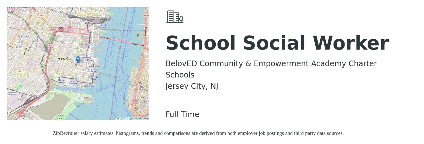 BelovED Community & Empowerment Academy Charter Schools job posting for a School Social Worker in Jersey City, NJ with a salary of $66,000 to $86,000 Yearly with a map of Jersey City location.