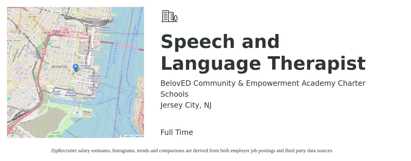 BelovED Community & Empowerment Academy Charter Schools job posting for a Speech and Language Therapist in Jersey City, NJ with a salary of $67,900 to $109,500 Yearly with a map of Jersey City location.
