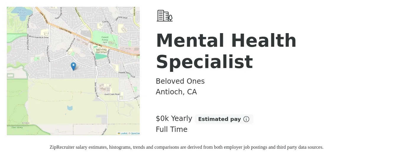Beloved Ones job posting for a Mental Health Specialist in Antioch, CA with a salary of $22 to $25 Yearly with a map of Antioch location.