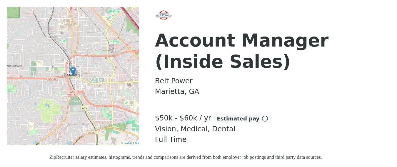Belt Power job posting for a Account Manager (Inside Sales) in Marietta, GA with a salary of $50,000 to $60,000 Yearly and benefits including vision, dental, life_insurance, medical, and pto with a map of Marietta location.