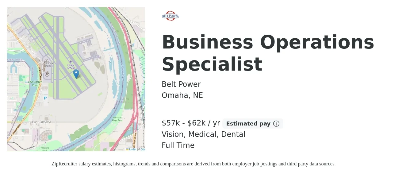Belt Power job posting for a Business Operations Specialist in Omaha, NE with a salary of $57,500 to $62,500 Yearly and benefits including dental, life_insurance, medical, pto, and vision with a map of Omaha location.