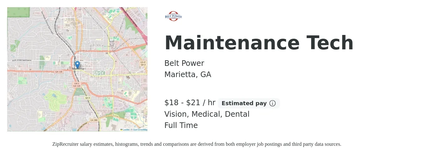 Belt Power job posting for a Maintenance Tech in Marietta, GA with a salary of $19 to $22 Hourly and benefits including dental, life_insurance, medical, pto, and vision with a map of Marietta location.