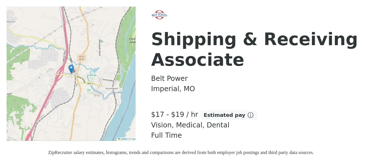 Belt Power job posting for a Shipping & Receiving Associate in Imperial, MO with a salary of $18 to $20 Hourly and benefits including dental, life_insurance, medical, pto, and vision with a map of Imperial location.