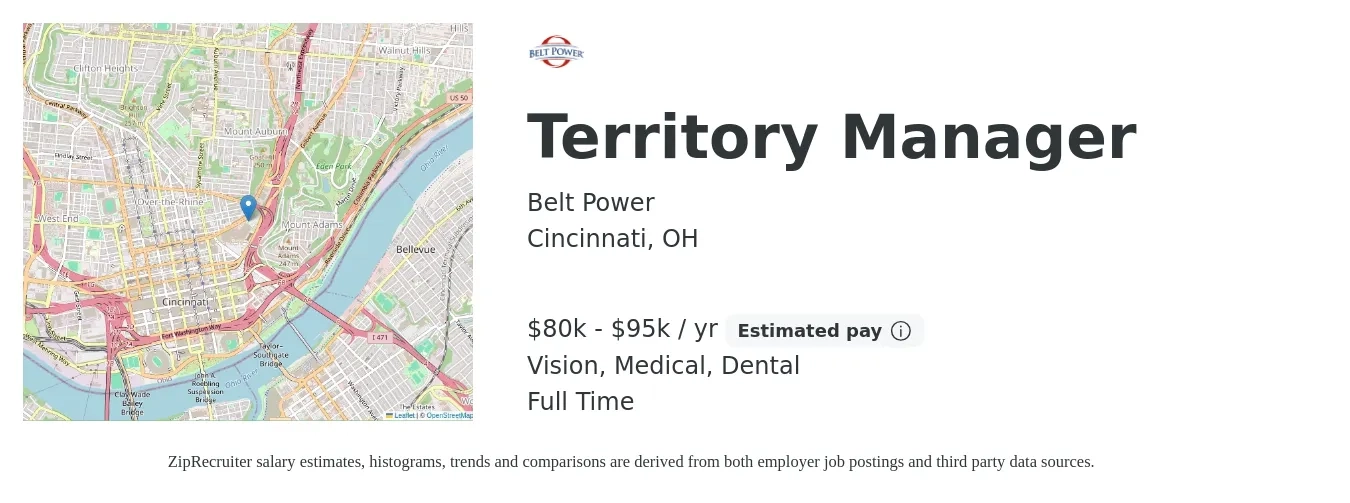 Belt Power job posting for a Territory Manager in Cincinnati, OH with a salary of $80,000 to $95,000 Yearly and benefits including pto, vision, dental, life_insurance, and medical with a map of Cincinnati location.