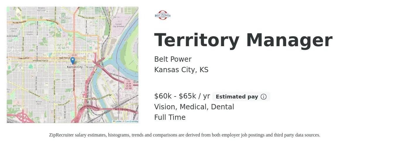 Belt Power job posting for a Territory Manager in Kansas City, KS with a salary of $60,000 to $65,000 Yearly and benefits including life_insurance, medical, pto, vision, and dental with a map of Kansas City location.