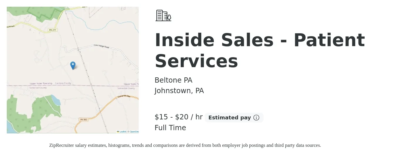 Beltone PA job posting for a Inside Sales - Patient Services in Johnstown, PA with a salary of $16 to $21 Hourly with a map of Johnstown location.