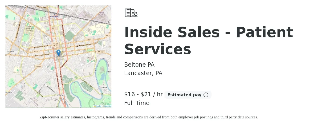 Beltone PA job posting for a Inside Sales - Patient Services in Lancaster, PA with a salary of $17 to $22 Hourly with a map of Lancaster location.