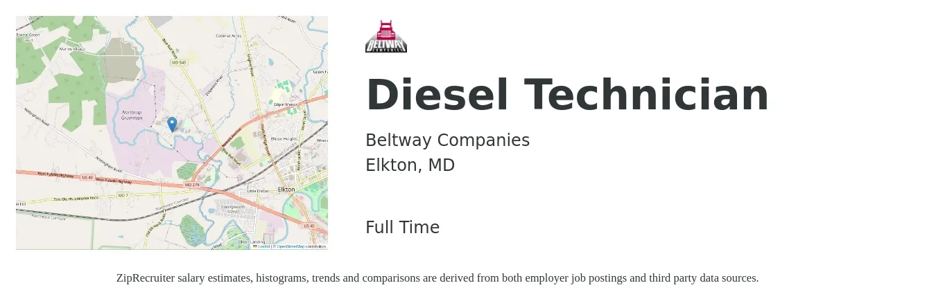 Beltway Companies job posting for a Diesel Technician in Elkton, MD with a salary of $26 to $36 Hourly with a map of Elkton location.