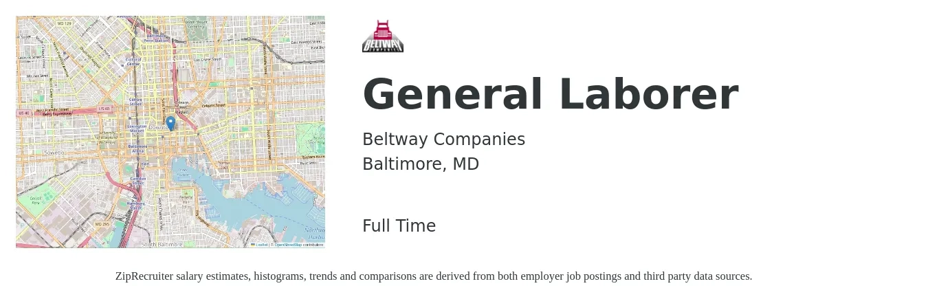 Beltway Companies job posting for a General Laborer in Baltimore, MD with a salary of $16 to $20 Hourly with a map of Baltimore location.
