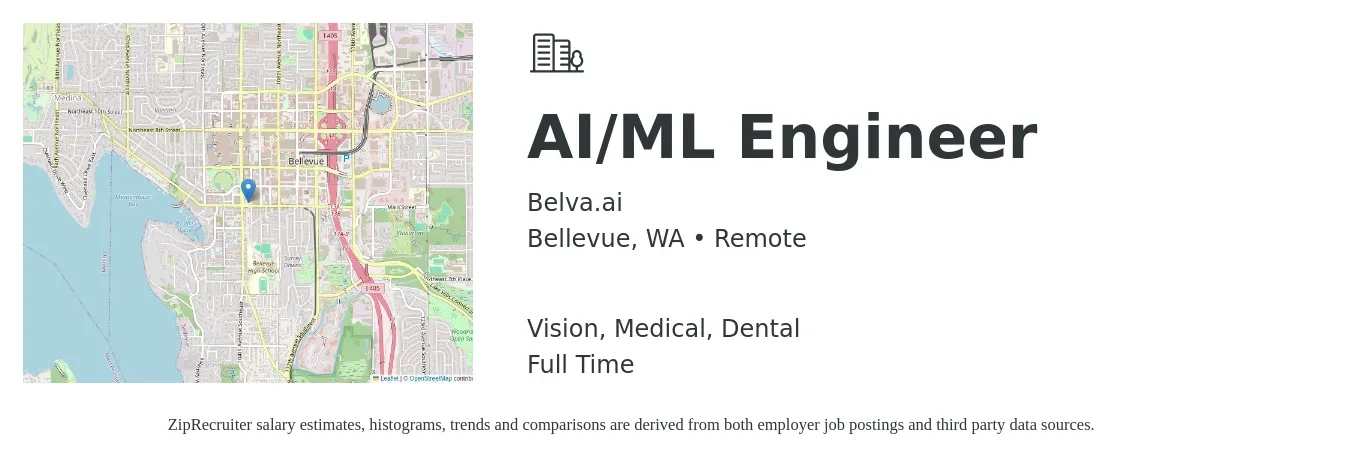 Belva.ai job posting for a AI/ML Engineer in Bellevue, WA with a salary of $94,800 to $131,500 Yearly and benefits including dental, life_insurance, medical, pto, retirement, and vision with a map of Bellevue location.