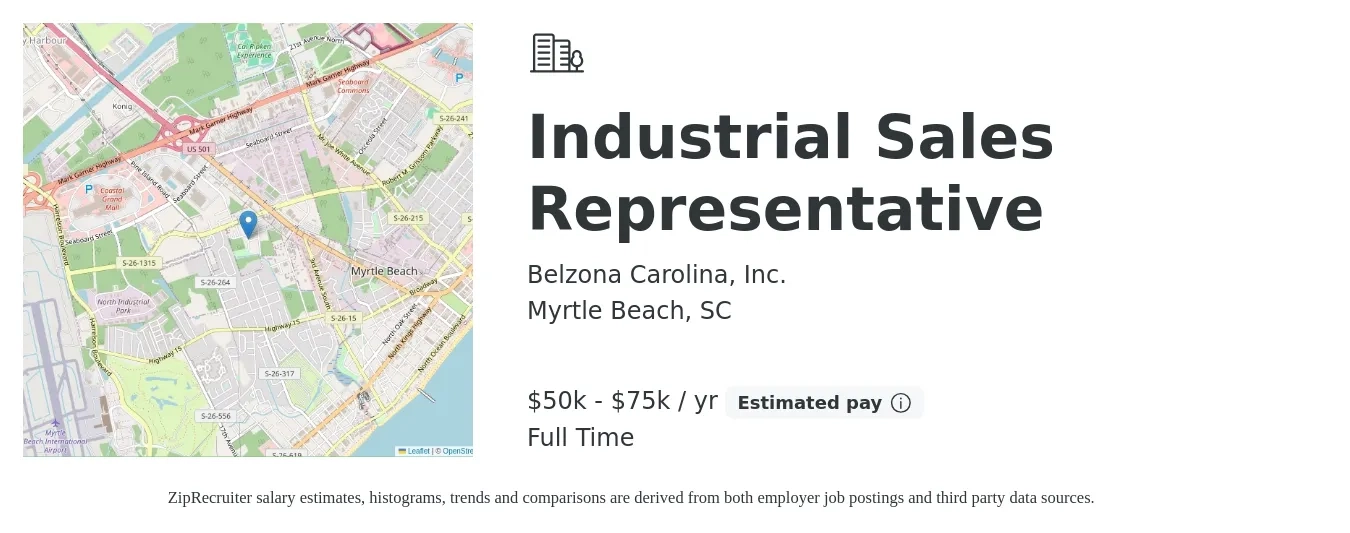 Belzona Carolina, Inc. job posting for a Industrial Sales Representative in Myrtle Beach, SC with a salary of $50,000 to $75,000 Yearly (plus commission) with a map of Myrtle Beach location.