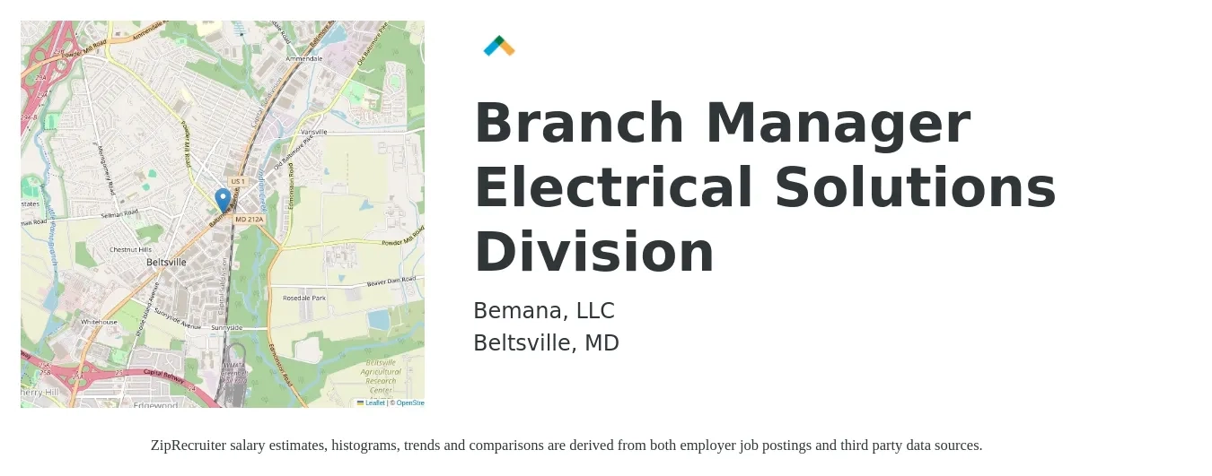 Bemana, LLC job posting for a Branch Manager Electrical Solutions Division in Beltsville, MD with a salary of $57,800 to $87,200 Yearly with a map of Beltsville location.
