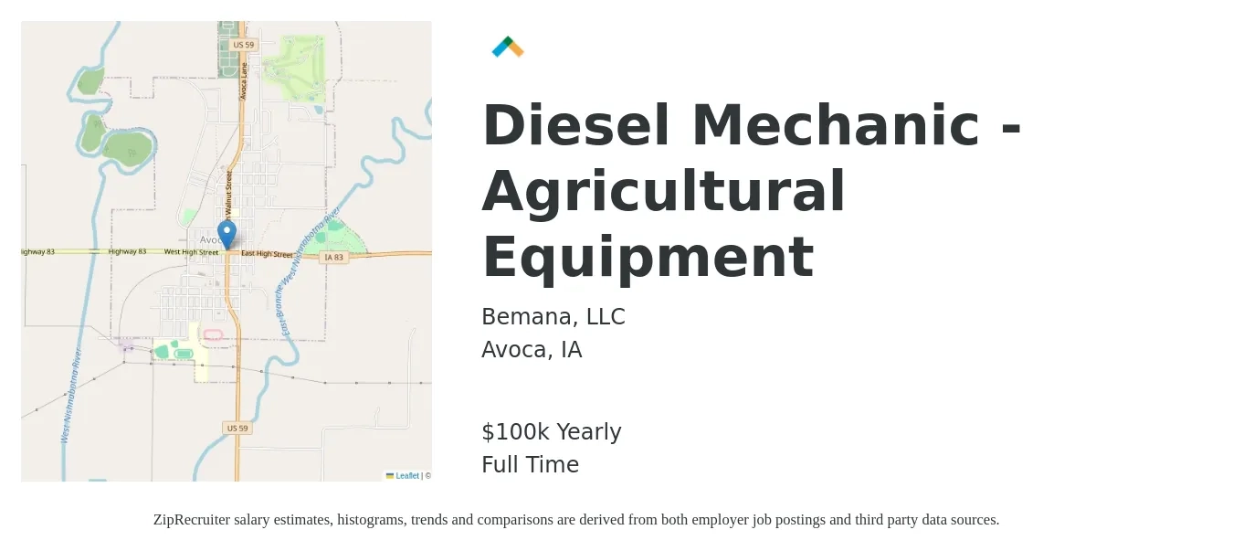 Bemana, LLC job posting for a Diesel Mechanic - Agricultural Equipment in Avoca, IA with a salary of $100,000 Yearly with a map of Avoca location.