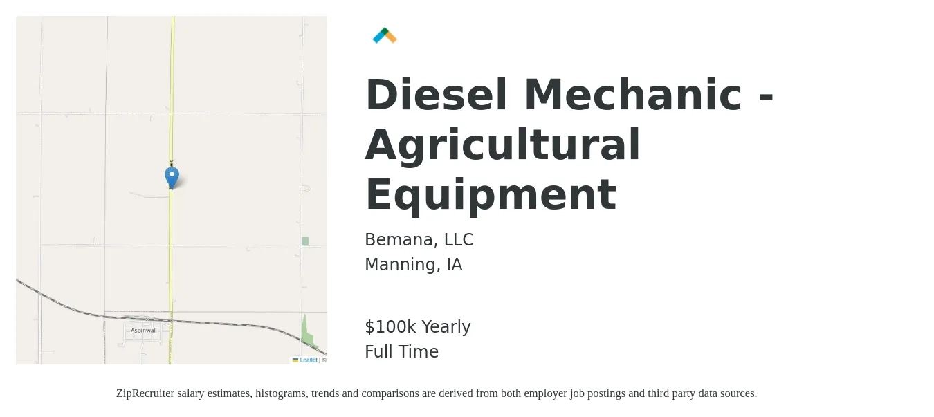 Bemana, LLC job posting for a Diesel Mechanic - Agricultural Equipment in Manning, IA with a salary of $100,000 Yearly with a map of Manning location.