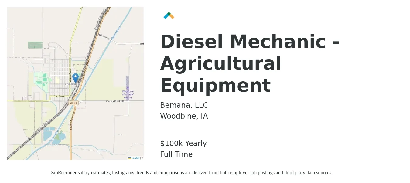 Bemana, LLC job posting for a Diesel Mechanic - Agricultural Equipment in Woodbine, IA with a salary of $100,000 Yearly with a map of Woodbine location.
