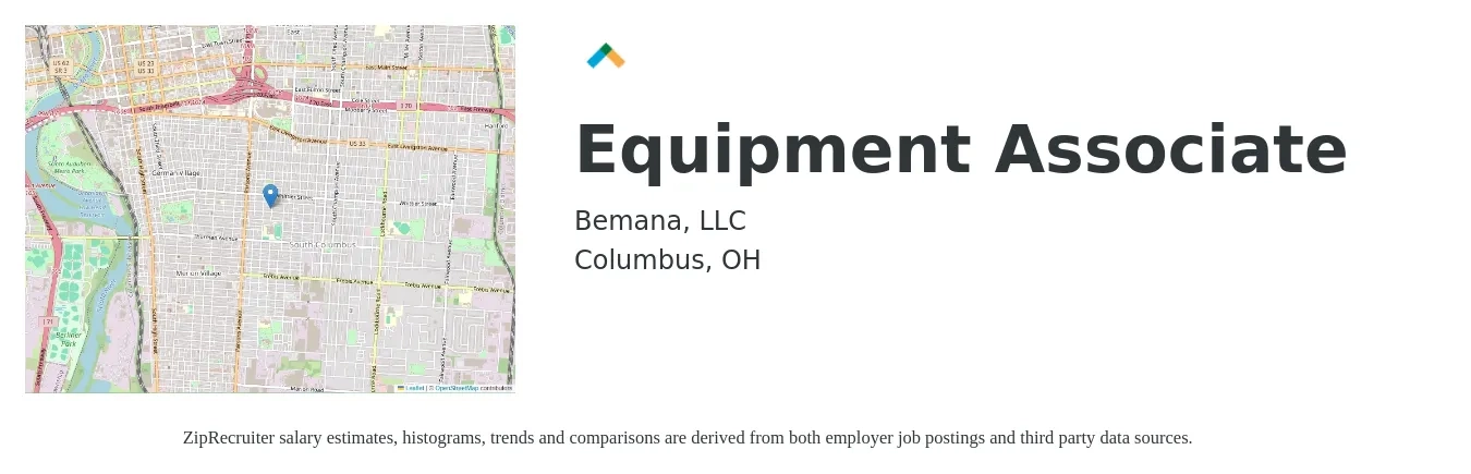 Bemana, LLC job posting for a Equipment Associate in Columbus, OH with a salary of $16 to $19 Hourly with a map of Columbus location.
