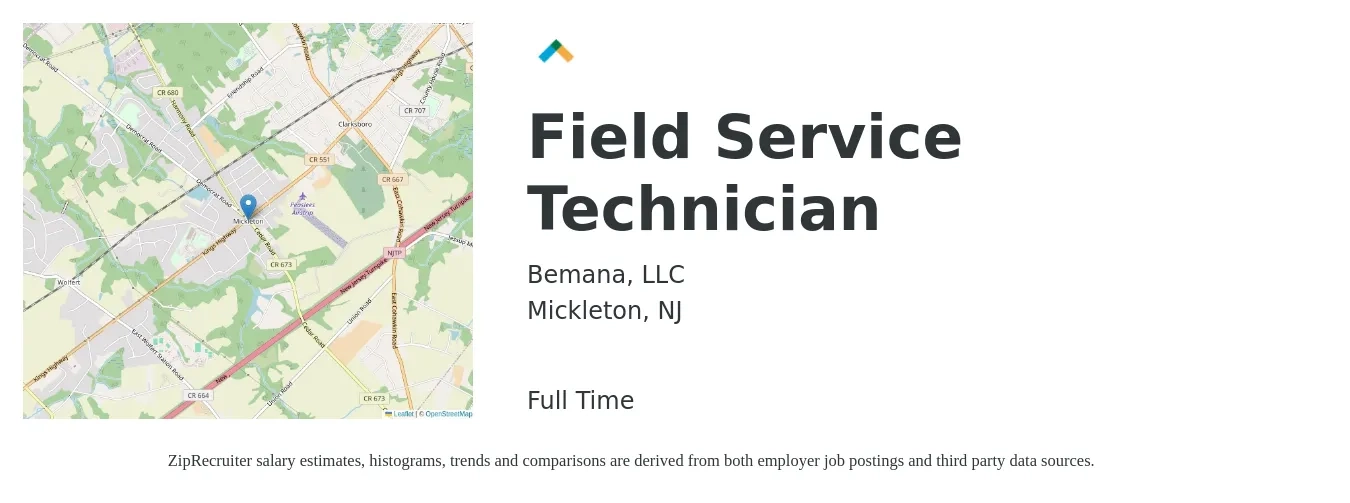 Bemana, LLC job posting for a Field Service Technician in Mickleton, NJ with a salary of $20 to $29 Hourly with a map of Mickleton location.