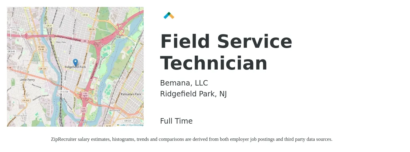 Bemana, LLC job posting for a Field Service Technician in Ridgefield Park, NJ with a salary of $22 to $32 Hourly with a map of Ridgefield Park location.