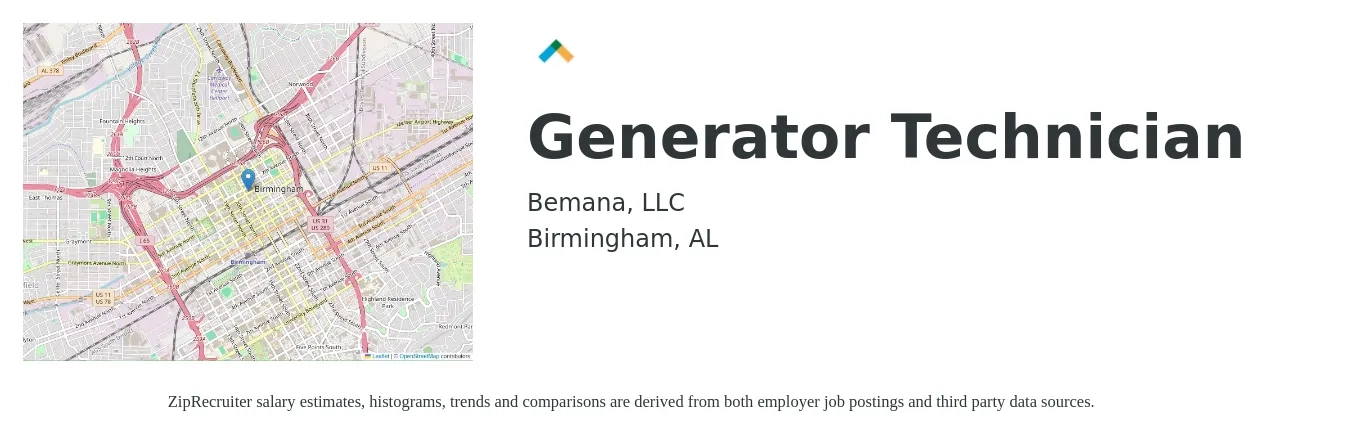 Bemana, LLC job posting for a Generator Technician in Birmingham, AL with a salary of $21 to $34 Hourly with a map of Birmingham location.