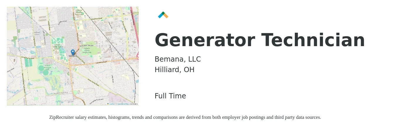 Bemana, LLC job posting for a Generator Technician in Hilliard, OH with a salary of $22 to $35 Hourly with a map of Hilliard location.