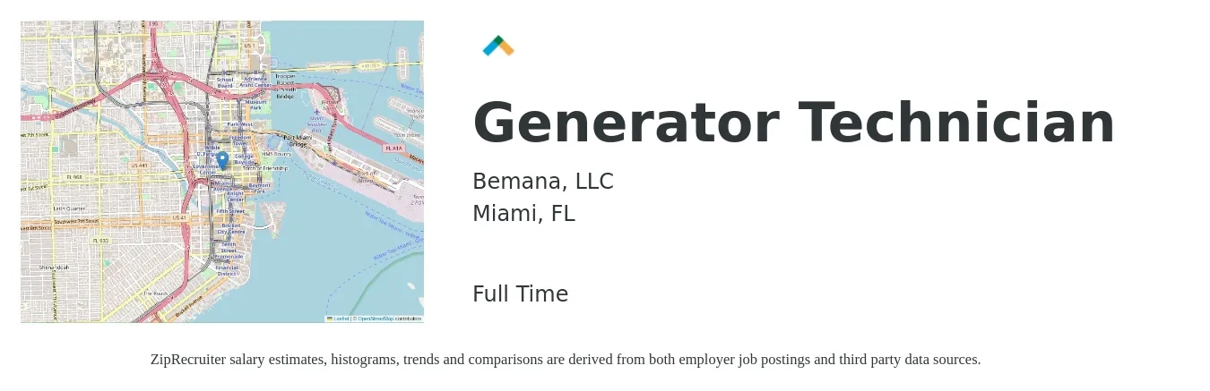Bemana, LLC job posting for a Generator Technician in Miami, FL with a salary of $22 to $35 Hourly with a map of Miami location.