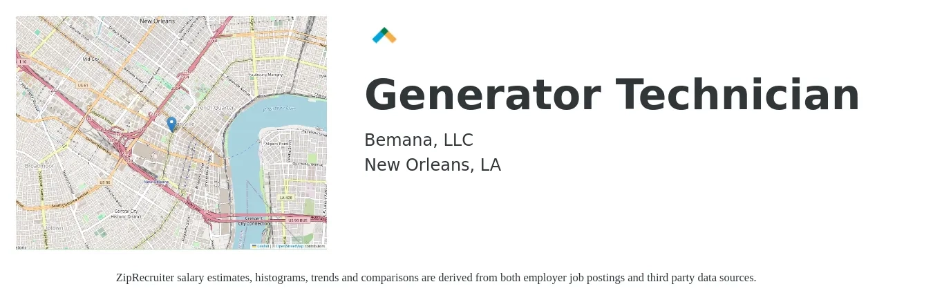 Bemana, LLC job posting for a Generator Technician in New Orleans, LA with a salary of $21 to $34 Hourly with a map of New Orleans location.
