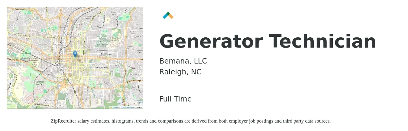 Bemana, LLC job posting for a Generator Technician in Raleigh, NC with a salary of $22 to $36 Hourly with a map of Raleigh location.