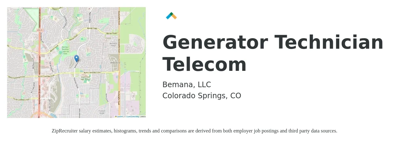 Bemana, LLC job posting for a Generator Technician Telecom in Colorado Springs, CO with a salary of $22 to $36 Hourly with a map of Colorado Springs location.