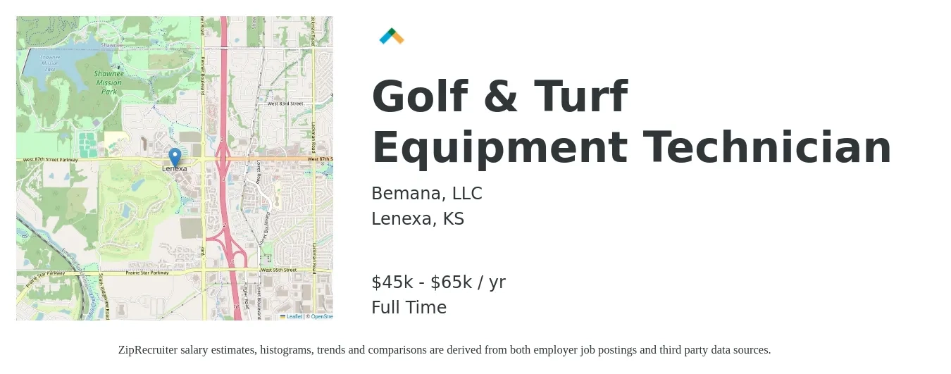 Bemana, LLC job posting for a Golf & Turf Equipment Technician in Lenexa, KS with a salary of $45,000 to $65,000 Yearly with a map of Lenexa location.