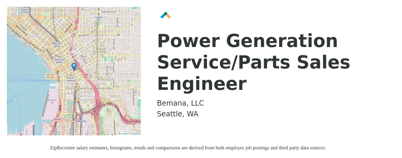 Bemana, LLC job posting for a Power Generation Service/Parts Sales Engineer in Seattle, WA with a salary of $78,000 to $103,600 Yearly with a map of Seattle location.