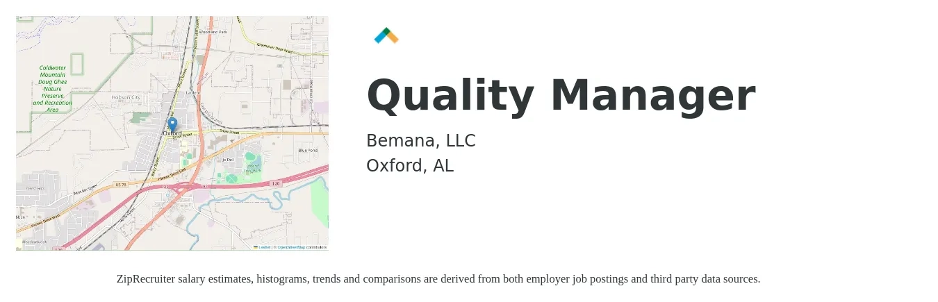 Bemana, LLC job posting for a Quality Manager in Oxford, AL with a salary of $56,600 to $88,400 Yearly with a map of Oxford location.