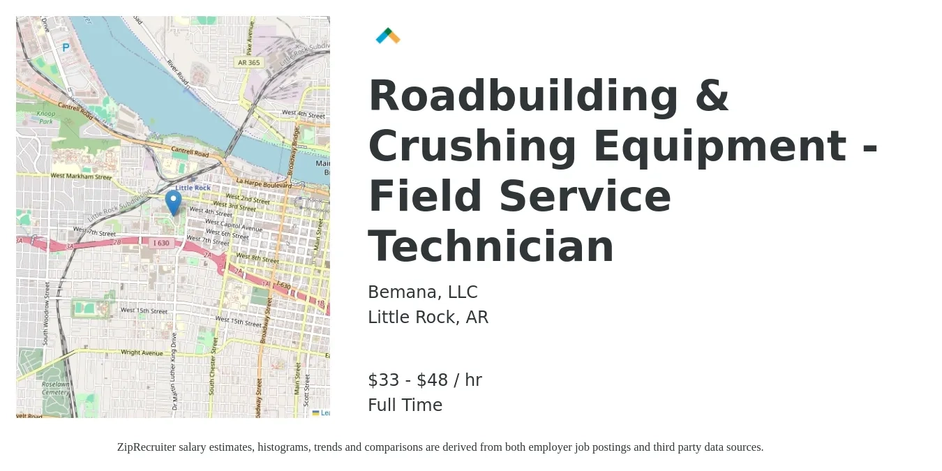 Bemana, LLC job posting for a Roadbuilding & Crushing Equipment - Field Service Technician in Little Rock, AR with a salary of $35 to $50 Hourly with a map of Little Rock location.