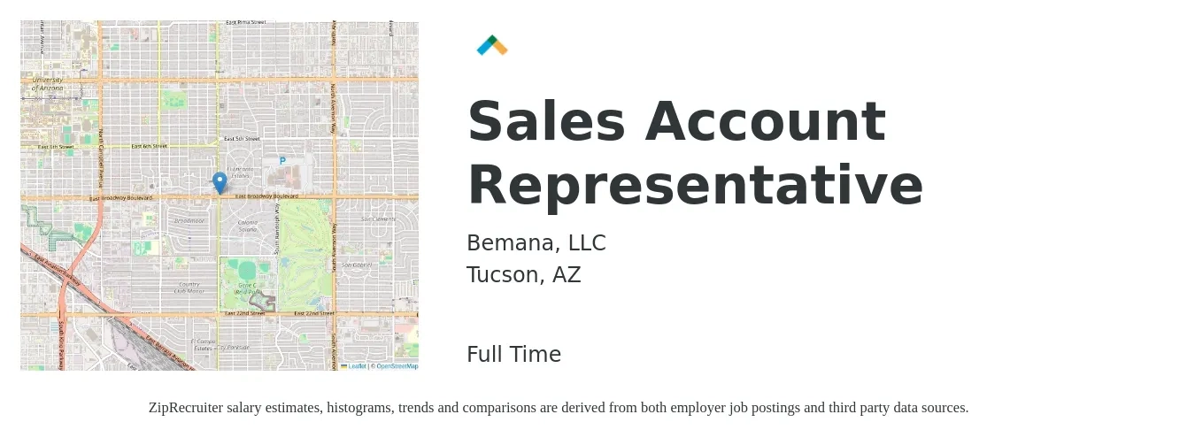 Bemana, LLC job posting for a Sales Account Representative in Tucson, AZ with a salary of $39,000 to $61,300 Yearly with a map of Tucson location.