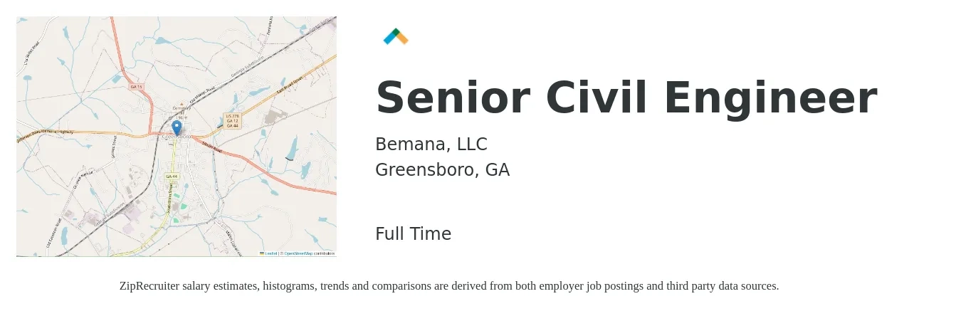 Bemana, LLC job posting for a Senior Civil Engineer in Greensboro, GA with a salary of $76,800 to $114,300 Yearly with a map of Greensboro location.
