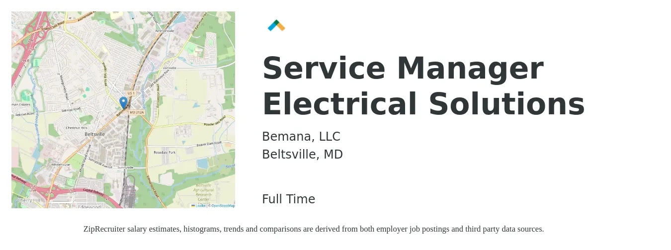 Bemana, LLC job posting for a Service Manager Electrical Solutions in Beltsville, MD with a salary of $52,700 to $81,600 Yearly with a map of Beltsville location.