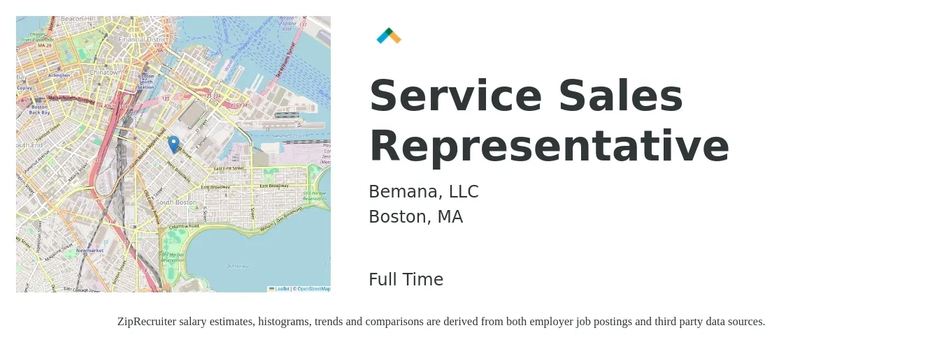 Bemana, LLC job posting for a Service Sales Representative in Boston, MA with a salary of $43,500 to $76,000 Yearly with a map of Boston location.