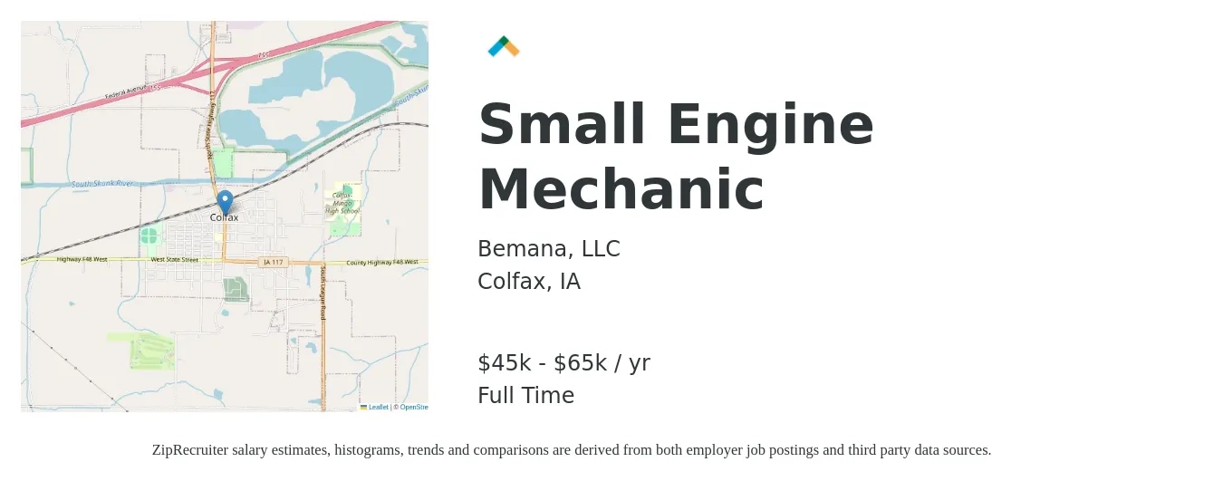 Bemana, LLC job posting for a Small Engine Mechanic in Colfax, IA with a salary of $45,000 to $65,000 Yearly with a map of Colfax location.