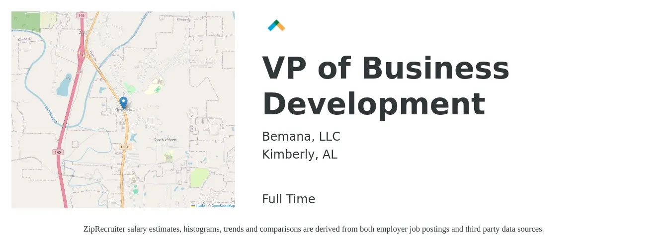 Bemana, LLC job posting for a VP of Business Development in Kimberly, AL with a salary of $112,900 to $183,200 Yearly with a map of Kimberly location.