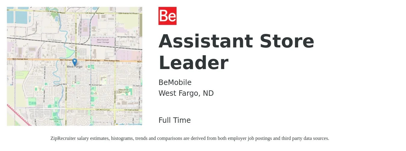 BeMobile job posting for a Assistant Store Leader in West Fargo, ND with a salary of $50,000 to $61,000 Yearly with a map of West Fargo location.