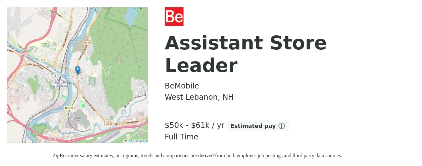 BeMobile job posting for a Assistant Store Leader in West Lebanon, NH with a salary of $15 to $18 Hourly with a map of West Lebanon location.