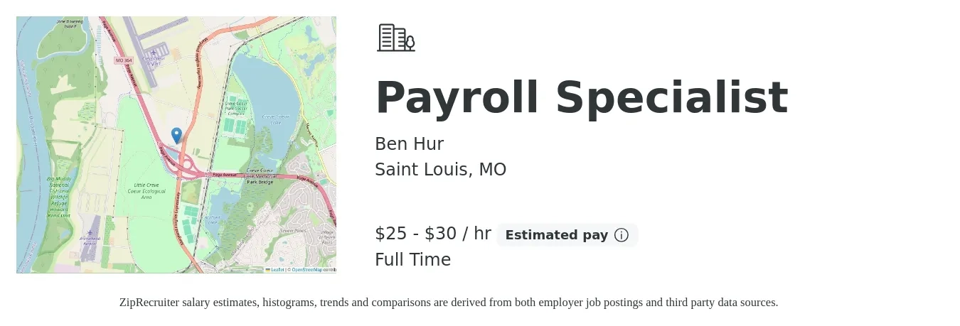 Ben Hur job posting for a Payroll Specialist in Saint Louis, MO with a salary of $55,000 to $65,000 Yearly with a map of Saint Louis location.