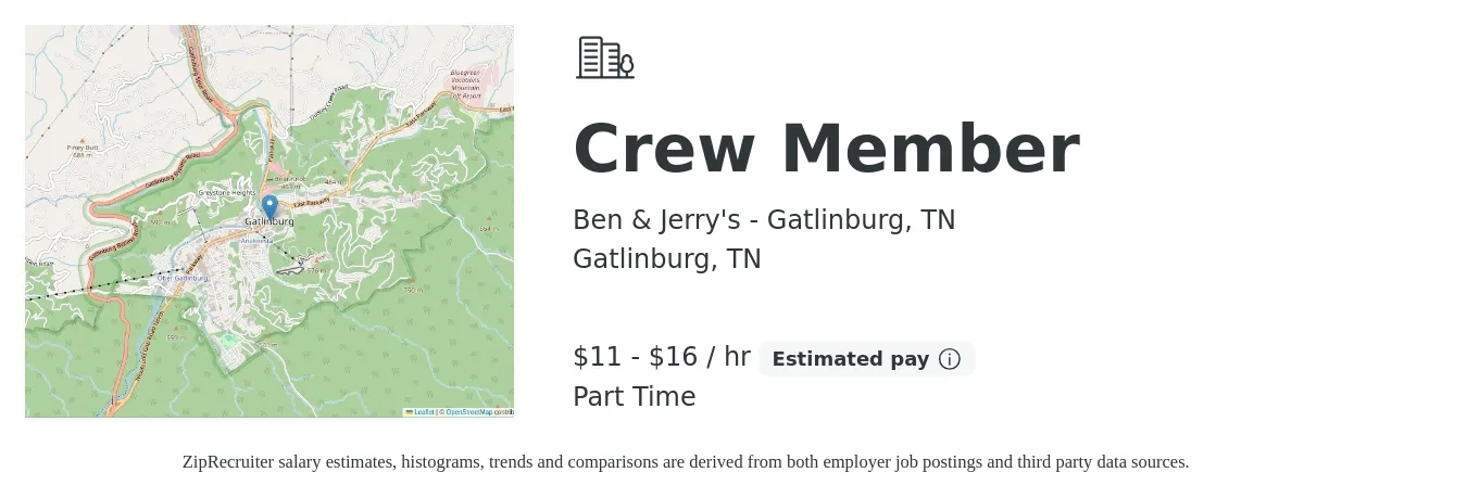 Ben & Jerry's - Gatlinburg, TN job posting for a Crew Member in Gatlinburg, TN with a salary of $12 to $17 Hourly with a map of Gatlinburg location.