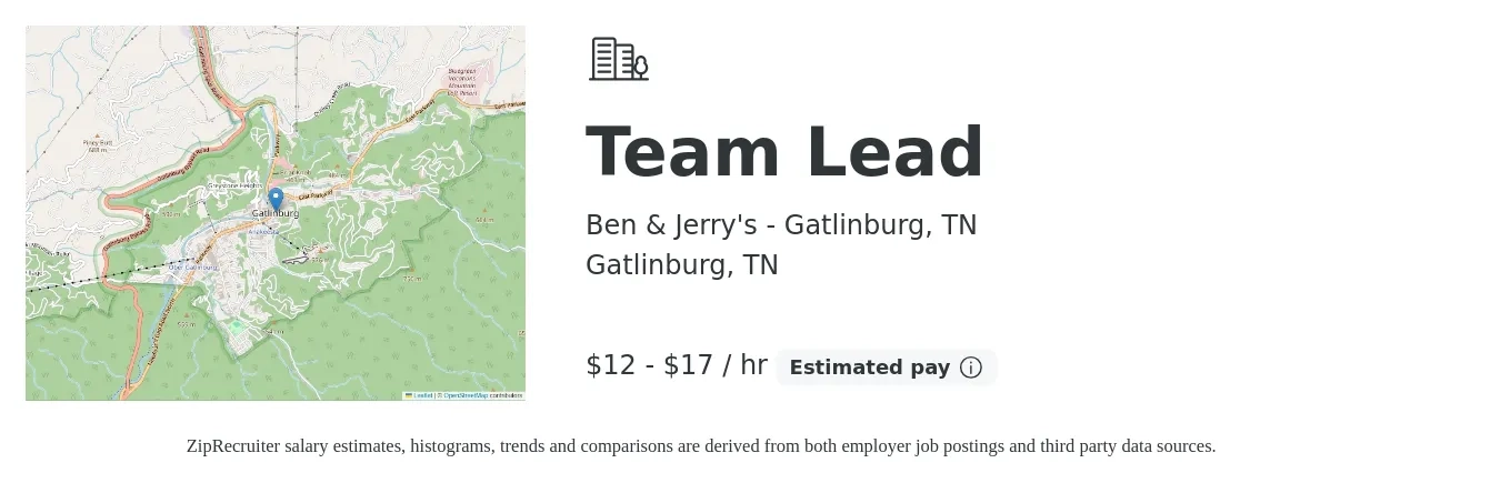 Ben & Jerry's - Gatlinburg, TN job posting for a Team Lead in Gatlinburg, TN with a salary of $13 to $18 Hourly with a map of Gatlinburg location.