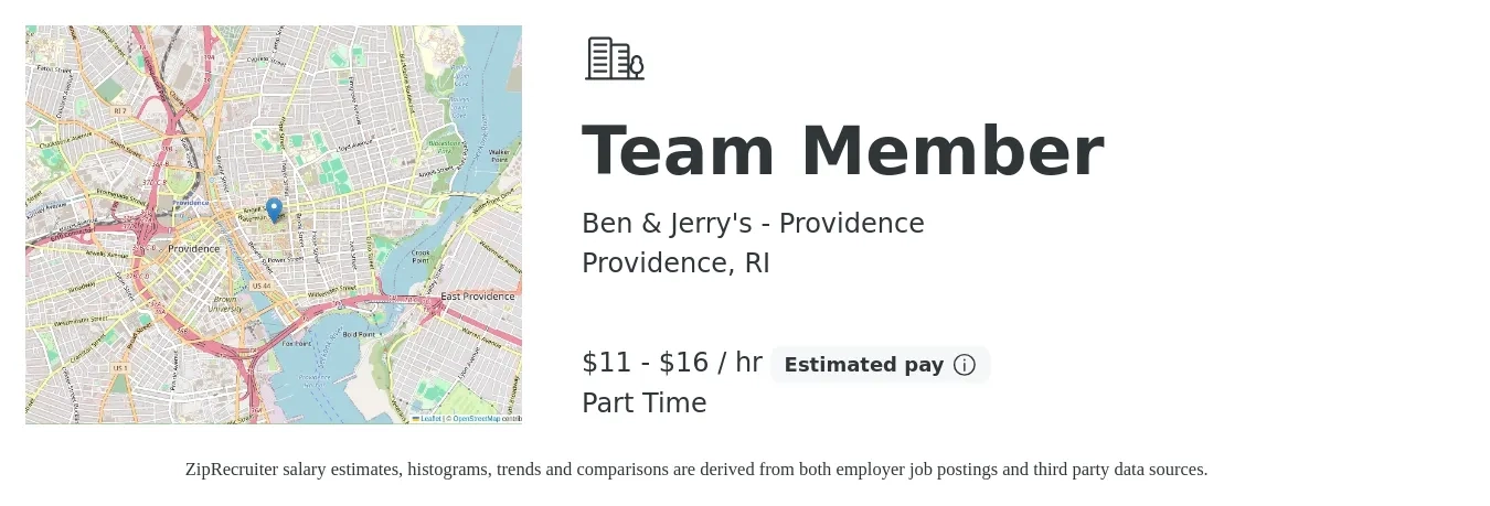 Ben & Jerry's - Providence job posting for a Team Member in Providence, RI with a salary of $12 to $17 Hourly with a map of Providence location.