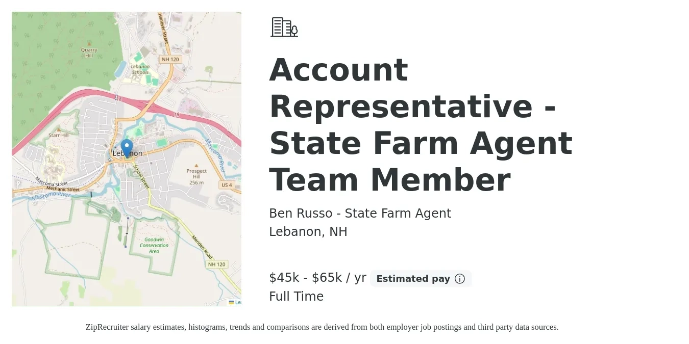 Ben Russo - State Farm Agent job posting for a Account Representative - State Farm Agent Team Member in Lebanon, NH with a salary of $45,000 to $65,000 Yearly with a map of Lebanon location.