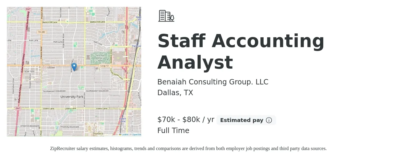 Benaiah Consulting Group. LLC job posting for a Staff Accounting Analyst in Dallas, TX with a salary of $70,000 to $80,000 Yearly with a map of Dallas location.