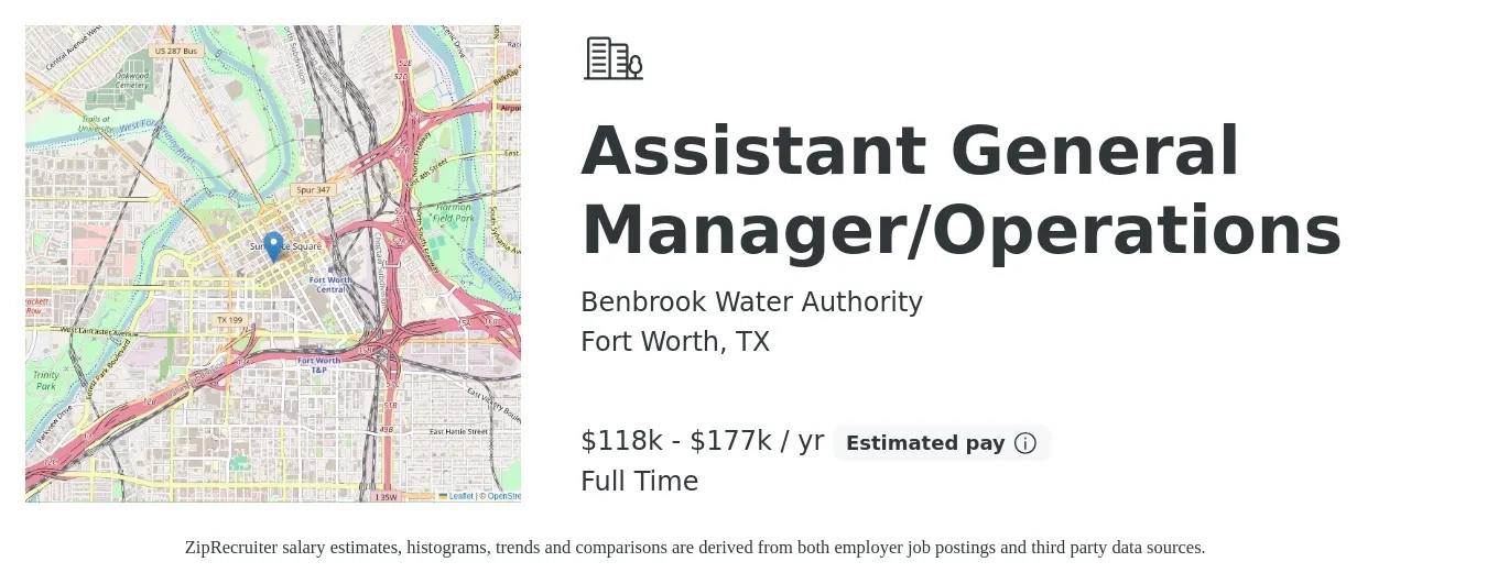 Benbrook Water Authority job posting for a Assistant General Manager/Operations in Fort Worth, TX with a salary of $118,500 to $177,700 Yearly with a map of Fort Worth location.