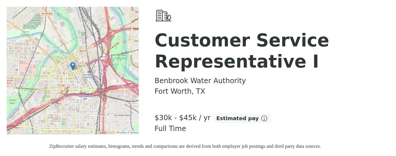 Benbrook Water Authority job posting for a Customer Service Representative I in Fort Worth, TX with a salary of $30,000 to $45,000 Yearly with a map of Fort Worth location.