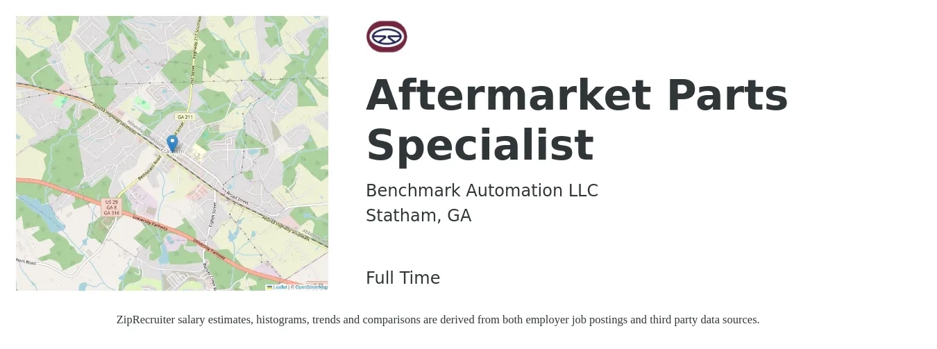 Benchmark Automation LLC job posting for a Aftermarket Parts Specialist in Statham, GA with a salary of $50,000 to $87,800 Yearly with a map of Statham location.